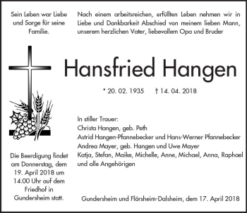 Traueranzeige von Hansfried Hangen von Trauerportal Rhein Main Presse