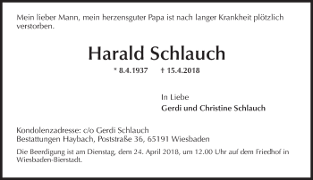 Traueranzeige von Harald Schlauch von Trauerportal Rhein Main Presse
