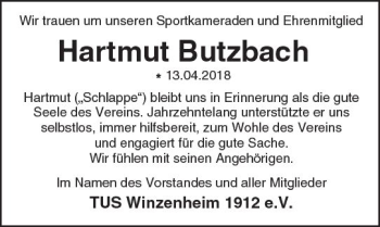 Traueranzeige von Hartmut Butzbach von Trauerportal Rhein Main Presse