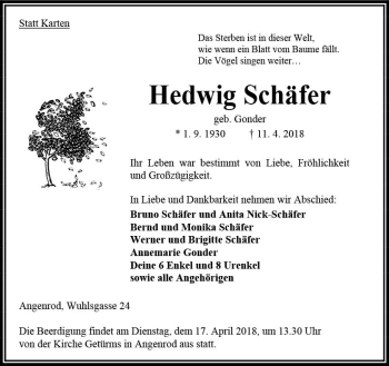 Traueranzeige von Hedwig Schäfer von VRM Trauer