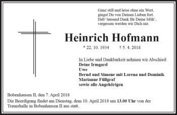 Traueranzeige von Heinrich Hofmann von VRM Trauer