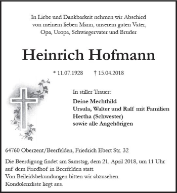 Traueranzeige von Heinrich Hofmann von Trauerportal Rhein Main Presse