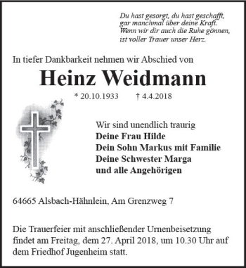 Traueranzeige von Heinz Weidmann von Trauerportal Rhein Main Presse