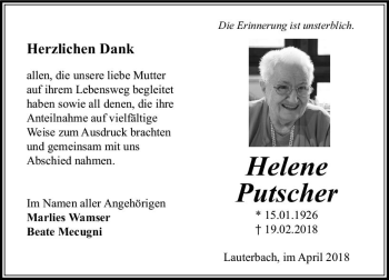 Traueranzeige von Helene Putscher von VRM Trauer