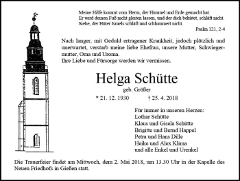 Traueranzeige von Helga Schütte von  Gießener Anzeiger