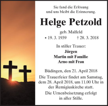 Traueranzeige von Helge Petzold von  Kreisanzeiger