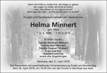 Traueranzeige von Helma Minnert von  Kreisanzeiger