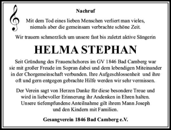 Traueranzeige von Helma Stephan von  Camberger Anzeiger