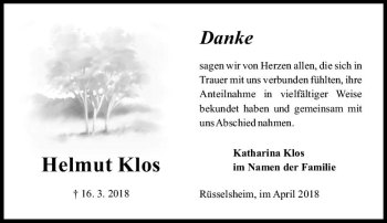 Traueranzeige von Helmut Klos von Trauerportal Rhein Main Presse