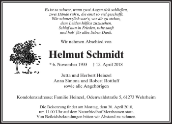 Traueranzeige von Helmut Schmidt von  Usinger Anzeiger