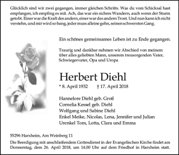 Traueranzeige von Herbert Diehl von Trauerportal Rhein Main Presse