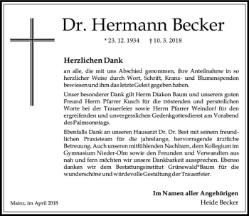 Traueranzeige von Hermann Becker von Trauerportal Rhein Main Presse