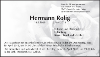 Traueranzeige von Hermann Rolig von Trauerportal Rhein Main Presse