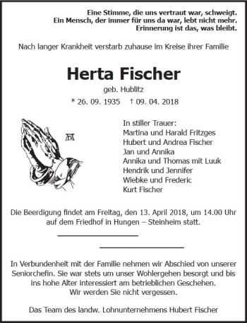Traueranzeige von Herta Fischer von  Kreisanzeiger