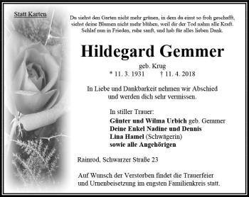 Traueranzeige von Hildegard Gemmer von VRM Trauer