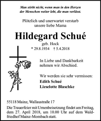 Traueranzeige von Hildegard Schué von Trauerportal Rhein Main Presse