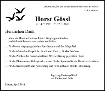 Traueranzeige von Horst Gössl von Trauerportal Rhein Main Presse