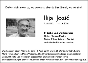 Traueranzeige von Ilija Jozic von Trauerportal Rhein Main Presse