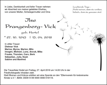Traueranzeige von Ilse Prangenberg-Vick von  Gießener Anzeiger