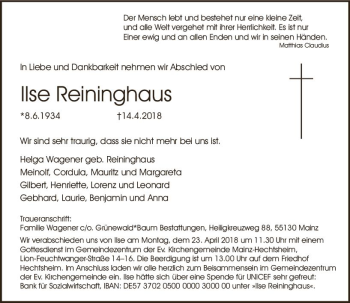 Traueranzeige von Ilse Reinighaus von Trauerportal Rhein Main Presse