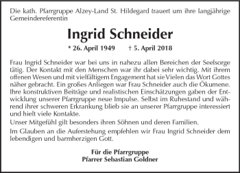 Traueranzeige von Ingrid Schneider von Trauerportal Rhein Main Presse
