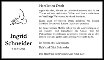 Traueranzeige von Ingrid Schneider von Trauerportal Rhein Main Presse