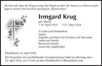 Traueranzeige von Irmgard Krug von Trauerportal Rhein Main Presse