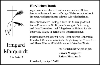 Traueranzeige von Irmgard Marquardt von Trauerportal Rhein Main Presse
