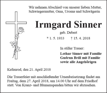 Traueranzeige von Irmgard Sinner von  Kreisanzeiger