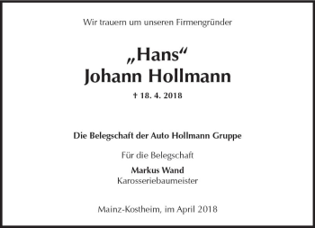 Traueranzeige von Johann Hollmann von Trauerportal Rhein Main Presse