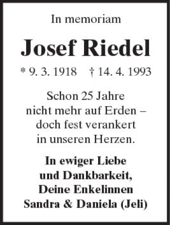 Traueranzeige von Josef Riedel von  Kreisanzeiger