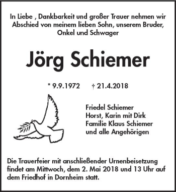 Traueranzeige von Jörg Schiemer von Trauerportal Rhein Main Presse