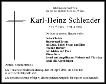 Traueranzeige von Karl-Heinz Schlender von VRM Trauer