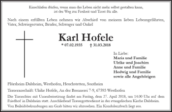 Traueranzeige von Karl Hofele von Trauerportal Rhein Main Presse