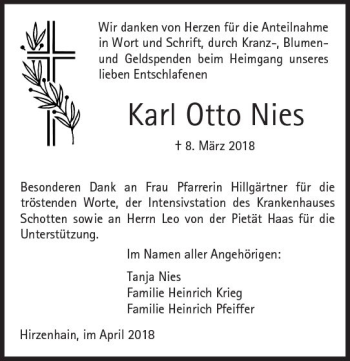 Traueranzeige von Karl Otto Nies von  Kreisanzeiger