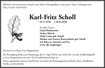 Traueranzeige von Kart-Fritz Scholl von Trauerportal Rhein Main Presse