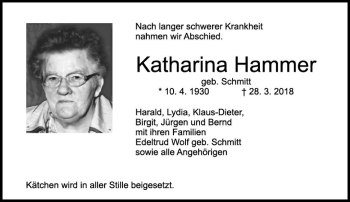 Traueranzeige von Katharina Hammer von Trauerportal Rhein Main Presse