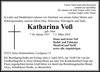 Traueranzeige von Katharina Voß von Trauerportal Rhein Main Presse