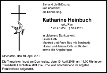 Traueranzeige von Katharine Heinbuch von VRM Trauer