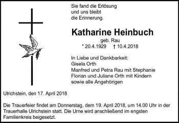 Traueranzeige von Katharine Heinbuch von VRM Trauer