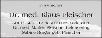 Traueranzeige von Klaus Fleischer von Trauerportal Rhein Main Presse