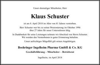 Traueranzeige von Klaus Schuster von Trauerportal Rhein Main Presse