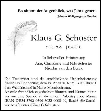 Traueranzeige von Klaus Schuster von Trauerportal Rhein Main Presse