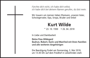 Traueranzeige von Kurt Wilde von  Gießener Anzeiger
