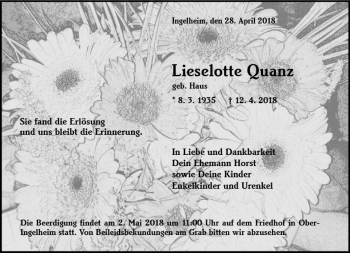 Traueranzeige von Lieselotte Quanz von Trauerportal Rhein Main Presse