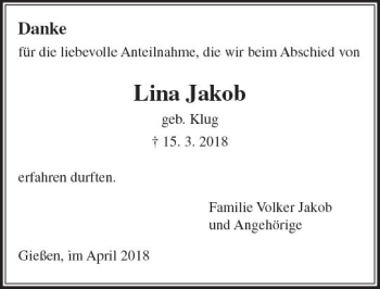 Traueranzeige von Lina Jakob von  Gießener Anzeiger