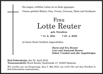Traueranzeige von Lotte Reuter von Trauerportal Rhein Main Presse