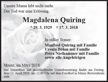 Traueranzeige von Magdalena Quiring von Trauerportal Rhein Main Presse