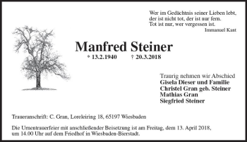 Traueranzeige von Manfred Steiner von Trauerportal Rhein Main Presse