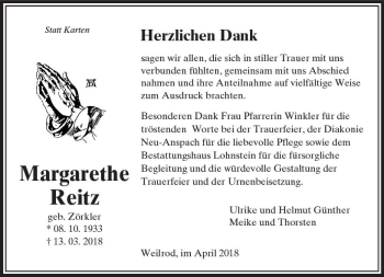 Traueranzeige von Margarethe Reitz von  Usinger Anzeiger